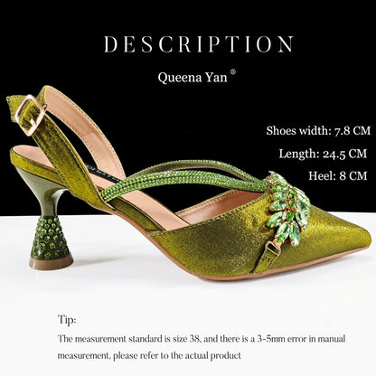 New Italian Pumps and Bag To Party 2026 INS Style Pointed Metalldekoration Rhinestone Elegant Olive Color High Heels  for Women