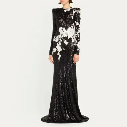 Modern Black Women's Evening Gown Mermaid Floor Length Formal Party Dress O Neck Appliques Saudi Dress Lonf SleevesProm Dress