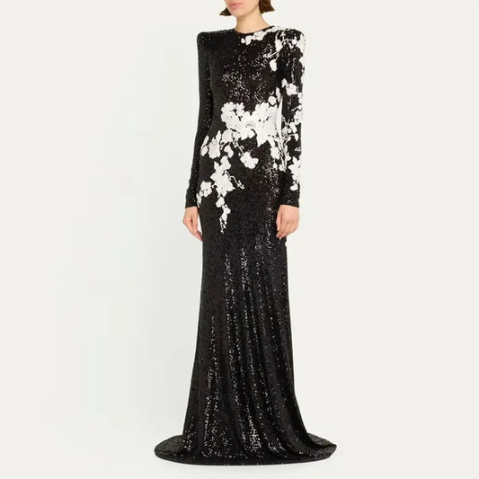 Modern Black Women's Evening Gown Mermaid Floor Length Formal Party Dress O Neck Appliques Saudi Dress Lonf SleevesProm Dress