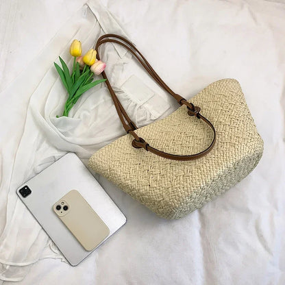 Summer Wicker Woven Basket Bags Rattan Women Handbags Handmade Summer Beach Straw Tote Bag Designer Shoulder Bag Khaki