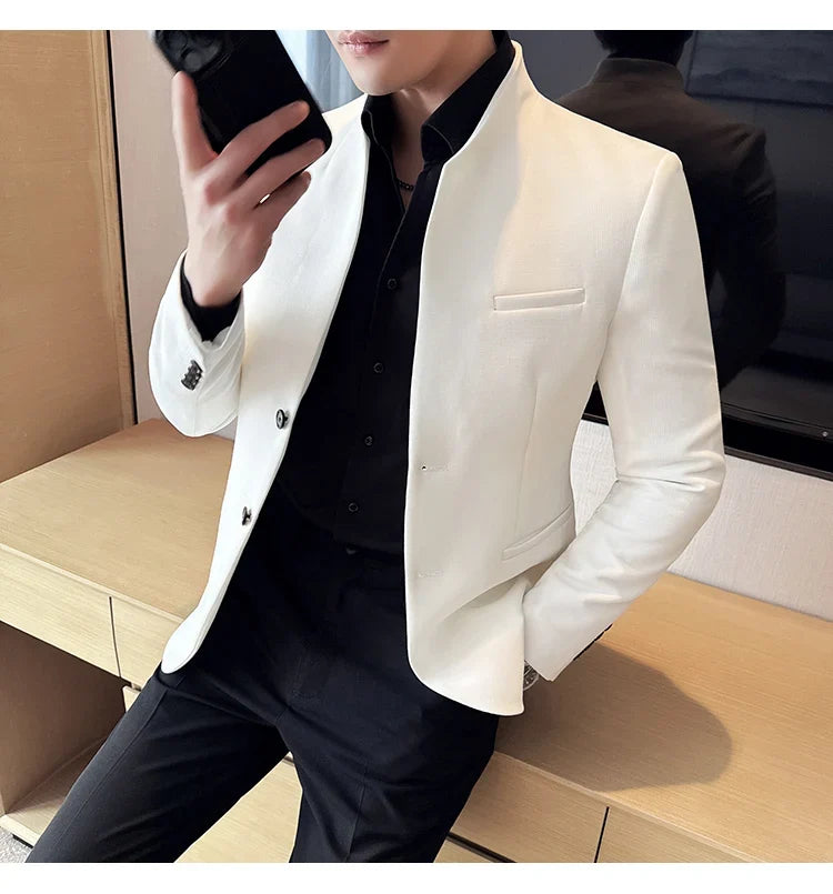 New Waffle Chinese Stand-Up Collar Blazers Men Slim Fit Business Casual Fashion Suits Jacket Formal Social Prom Party Tuxedos