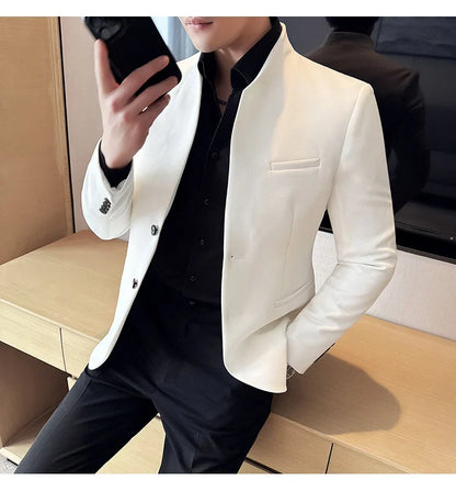 New Waffle Chinese Stand-Up Collar Blazers Men Slim Fit Business Casual Fashion Suits Jacket Formal Social Prom Party Tuxedos