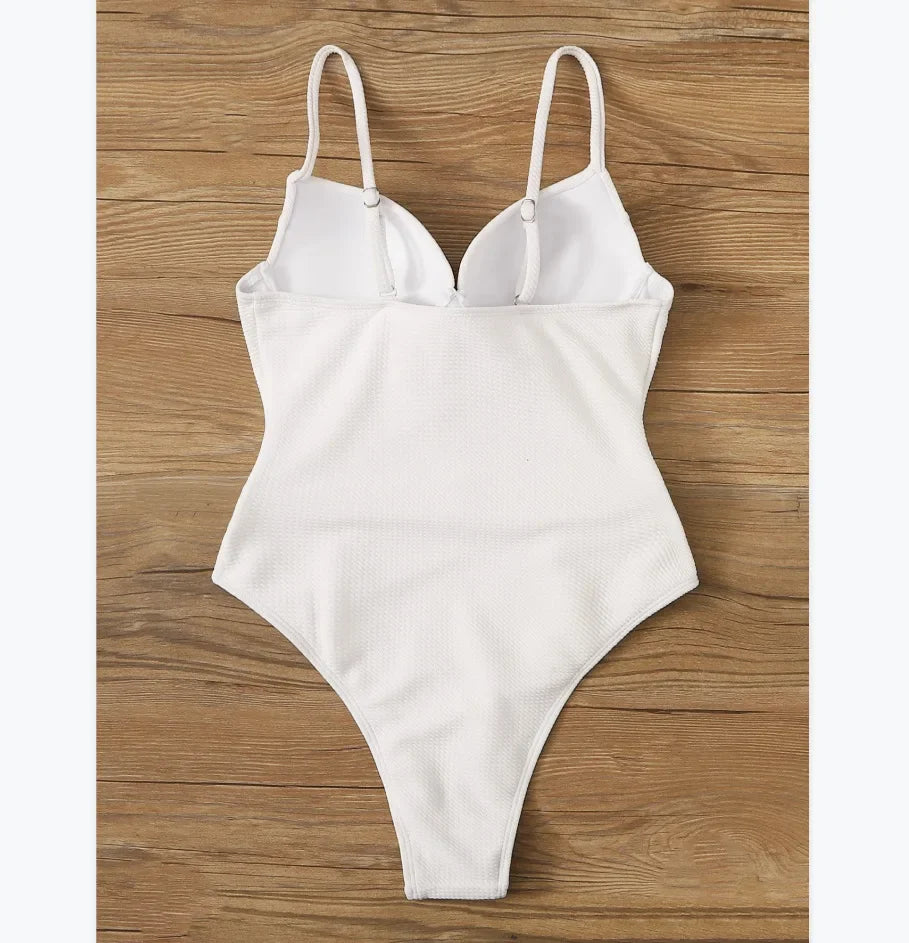 Sexy Push Up Underwire Swimwear Women Solid White Black Padded Buckle One Piece Swimsuit Beach Bathing Suit Bodysuit Monokini
