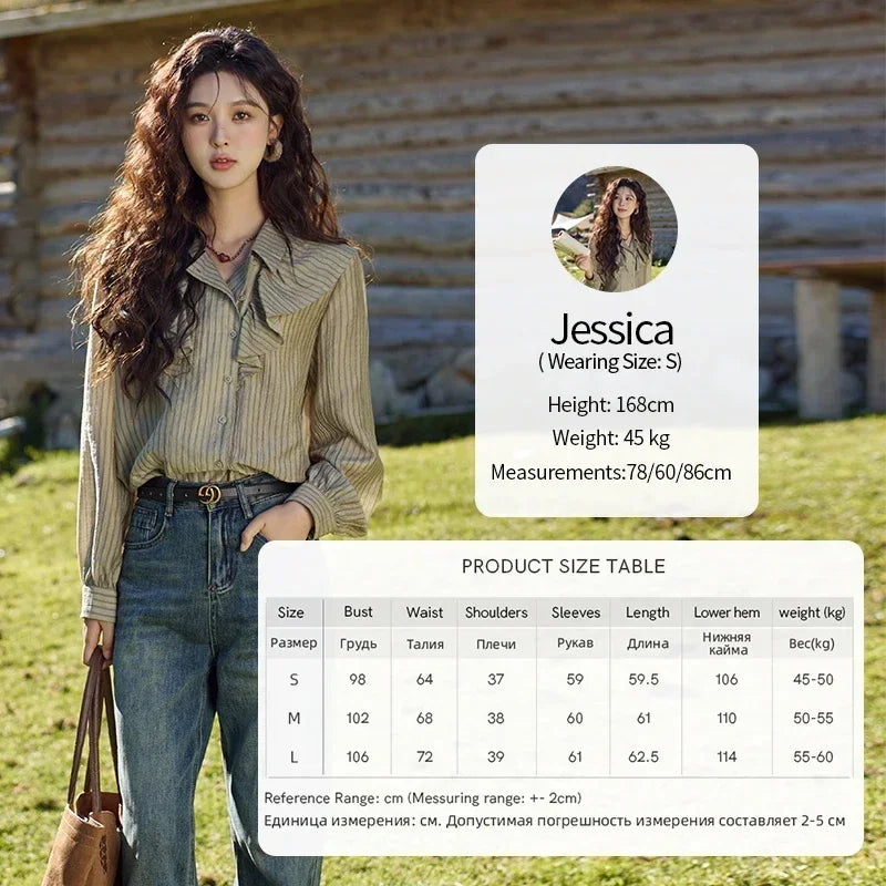 Retro Button Long Sleeved Striped Shirt for Women 2024 Autumn Korean Flounce Polo Neck Casual Tops Office Lady MXD41C0321