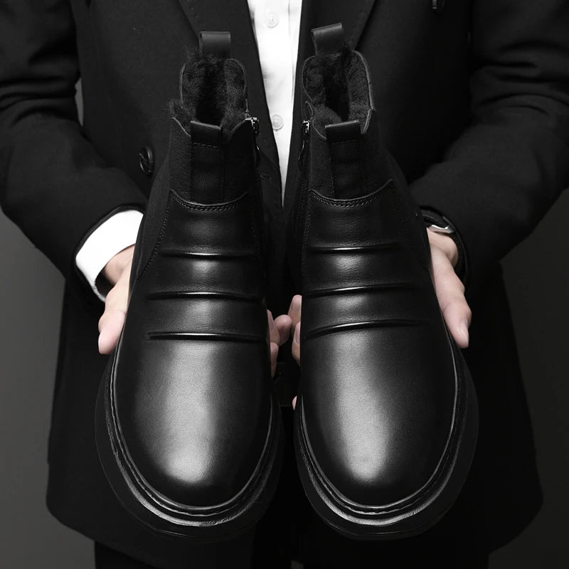 Luxury Brand Male Slip on Chelsea Boots Genuine Leather Mens Warm Winter Shoes High Quality Ankle Boots Men Handmade Snow Boots