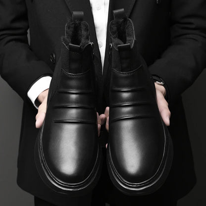 Luxury Brand Male Slip on Chelsea Boots Genuine Leather Mens Warm Winter Shoes High Quality Ankle Boots Men Handmade Snow Boots