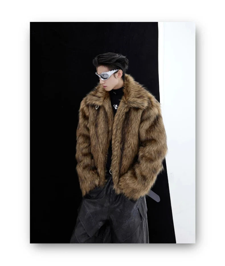 Winter Short Thick Warm Brown Hairy Soft Faux Fur Coat Men with Turn-down Collar Long Sleeve Fluffy Jackets 2024