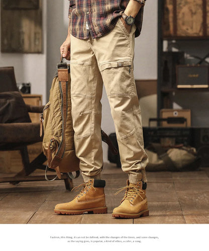 Cotton Men's Cargo Pants Elastic Waist Stretch Trouser Male Multi Pocket Casual Jogger Fit Ankle Length Zipper Purple Drawstring