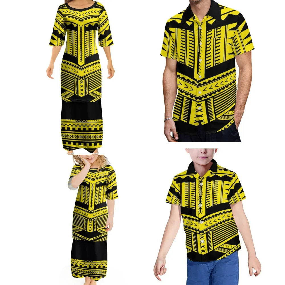 Polynesian Retro Tribal Print Ethnic Design Custom New Women'S Puletasi Men'S Shirt Adult Children Samoan Family Clothing
