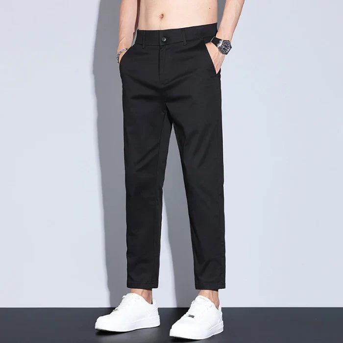 High Quality Summer Men's White Ankle Length Casual Pants 97%Cotton Breathable Straight Business Slim Work Chino Trousers Man