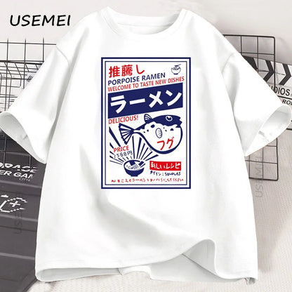 Vintage Fugu Puffer Fish Ramen T-Shirts Japanese Style Cotton Short Sleeve T Shirt Summer Crewneck Loose Tshirt Mens Clothing