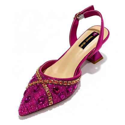 2026 Nigerian Women Heel Ladies Italian Luxury Design Green Shoes And Bag Set Decorated with Rhinestone Handbag Wedding Party