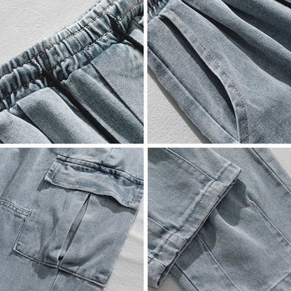 Korean men clothing Japanese style three-dimensional pocket jeans spring new retro vintage washed water workwear men's pants