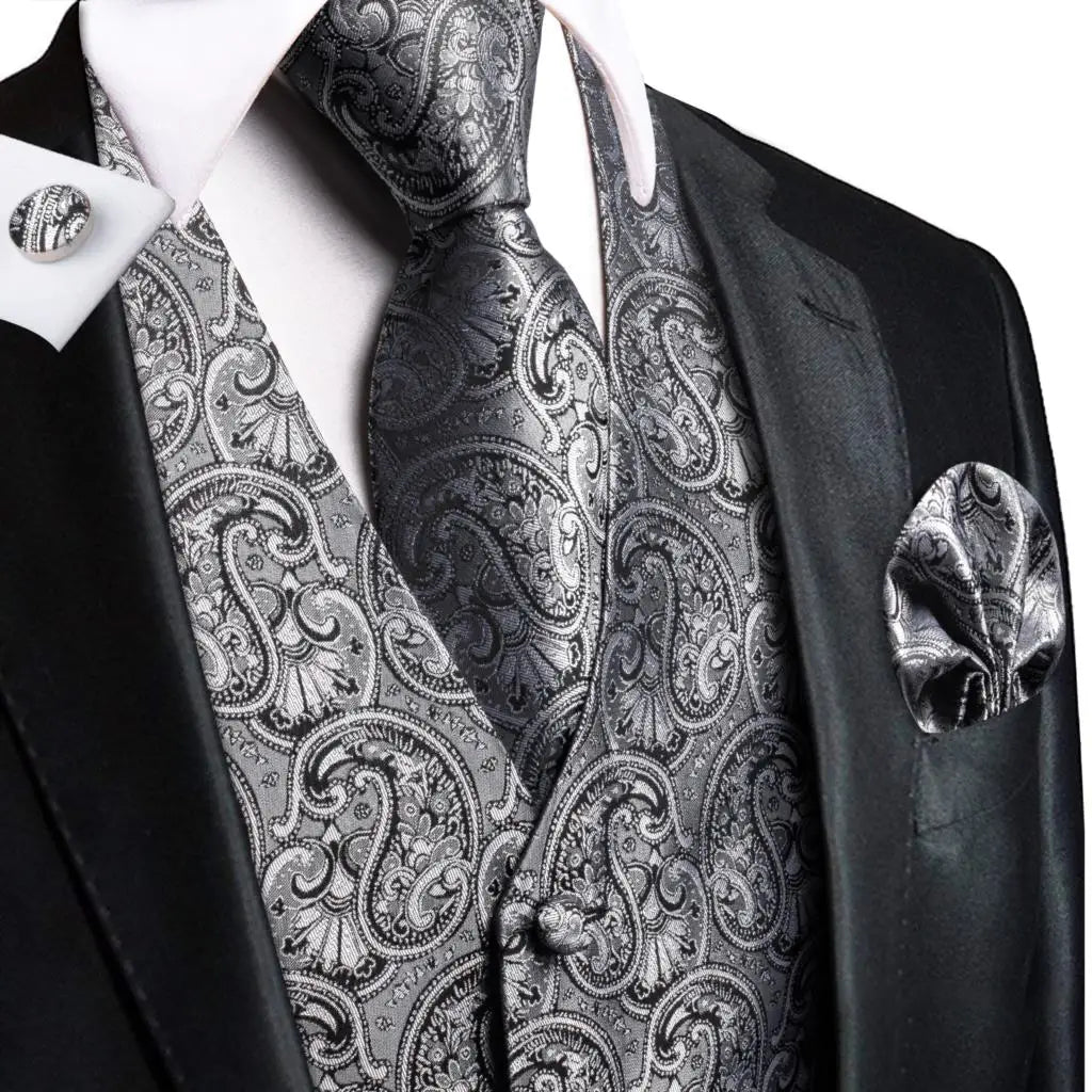 Luxury Mens Waistcoat Tie Set White Black Gray Silver Brown Sleeveless Jacket Suit Vest Necktie Hanky Cufflinks Gift