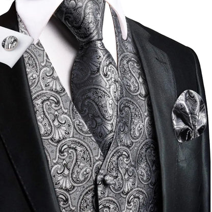 Luxury Mens Waistcoat Tie Set White Black Gray Silver Brown Sleeveless Jacket Suit Vest Necktie Hanky Cufflinks Gift