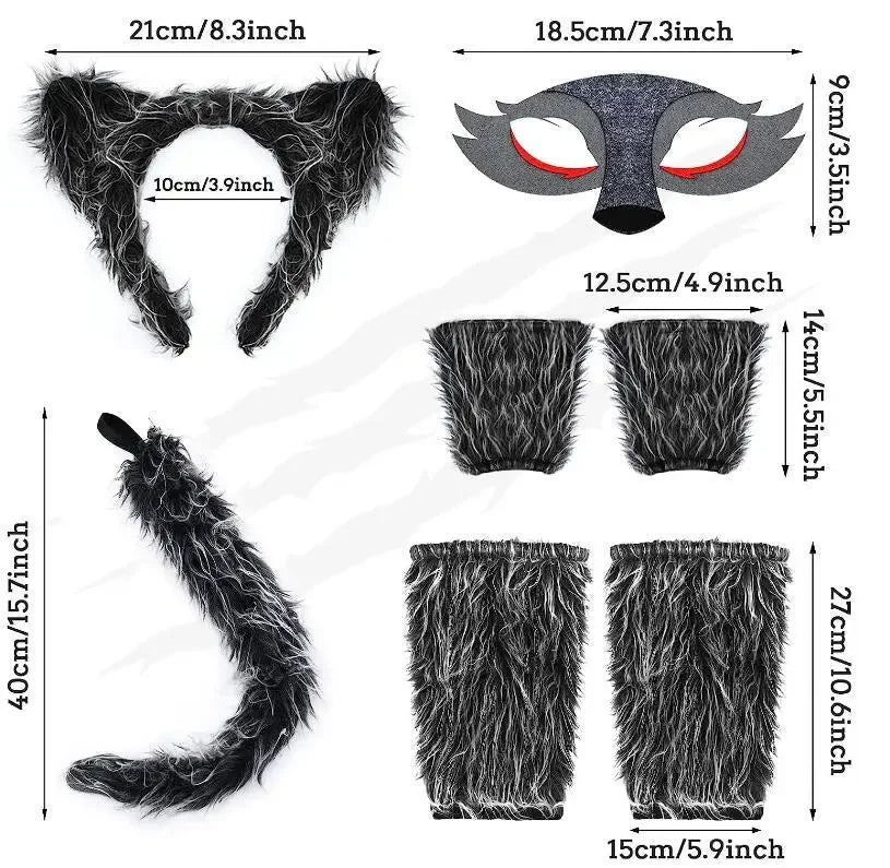 Girls Wolf Ear Headband Tail Skirt Mask Suit Wolf Cosplay Costumes Children Stage Costume Birthday Gift Halloween Animal Dress