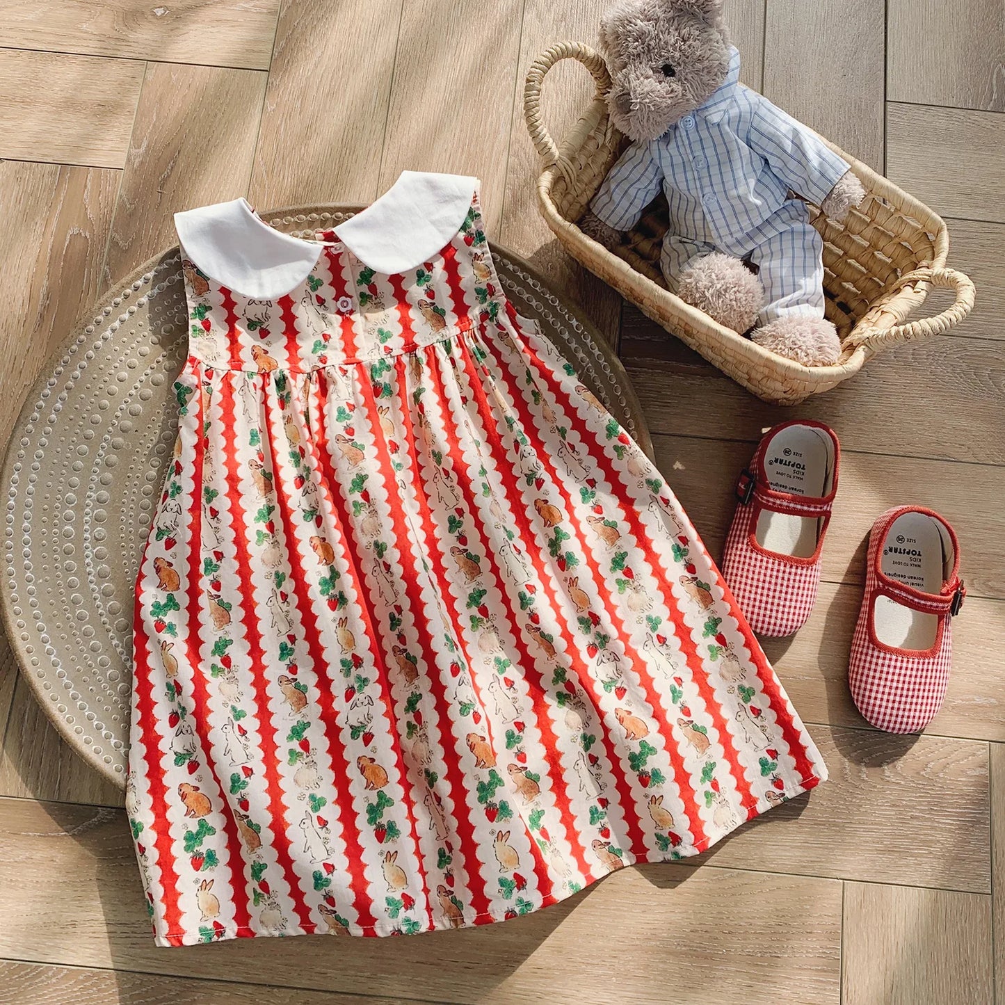 Flower Collar Rabbit Embroidered Girls' Dress 2025 Summer Style Cartoon Print Sweet and Cute Baby Sleeveless Dress