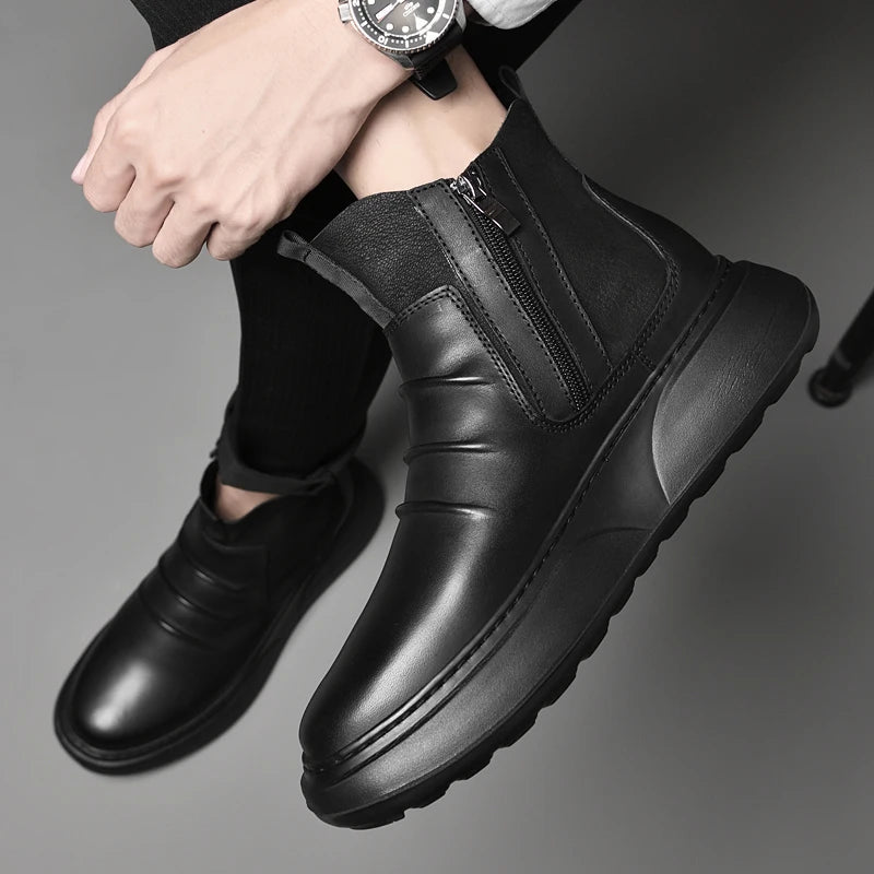 Luxury Brand Male Slip on Chelsea Boots Genuine Leather Mens Warm Winter Shoes High Quality Ankle Boots Men Handmade Snow Boots