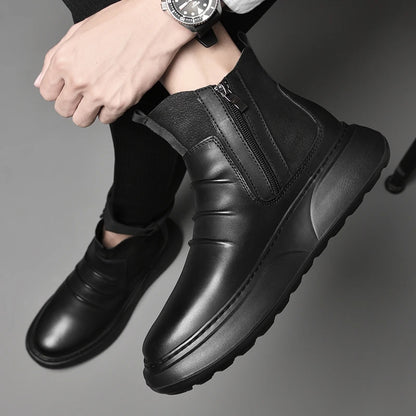 Luxury Brand Male Slip on Chelsea Boots Genuine Leather Mens Warm Winter Shoes High Quality Ankle Boots Men Handmade Snow Boots