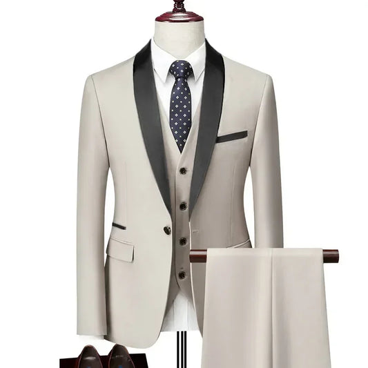 US Size Men Lapel Black Collar 3 Pcs Suit Set Coat Vest Trousers / Business Groom Wedding Dress Fprmal Blazer Pants Waistcoat