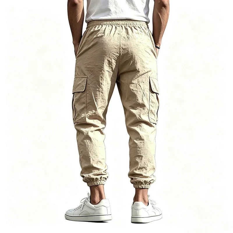 Men's Cotton Linen Blend Cargo Jogger Pants Elastic Waist Drawstring Multi Pockets Casual Breathable Streetwear Trousers for Men