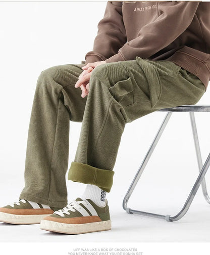 2026 New in Winter Corduroy Pants Men Straight Wide Leg Cargo Trouser Male Elastic Waist Loose Fit Thick Brown Warm Fleece Plush