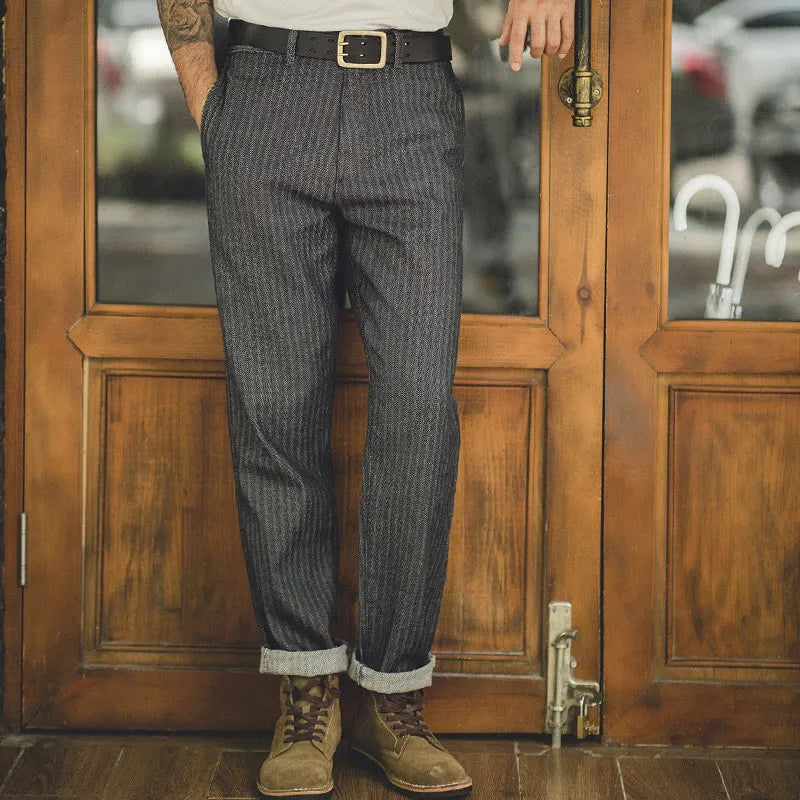Men's Vintage 12.8oz Grey Striped Jeans Straight Zip Fly with Pockets Tapered Pants Versatile Herringbone Cotton Trousers