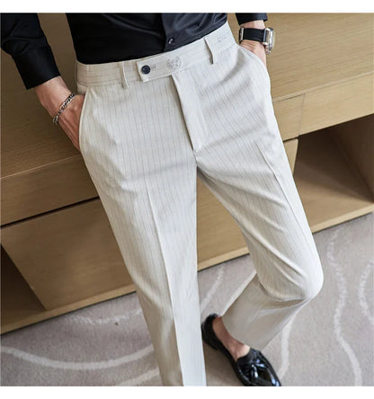 New Korean Style Fashion Striped Embroidery Suit Pants Men's Business Slim Casual Straight Pants Formal Wedding Party Trousers