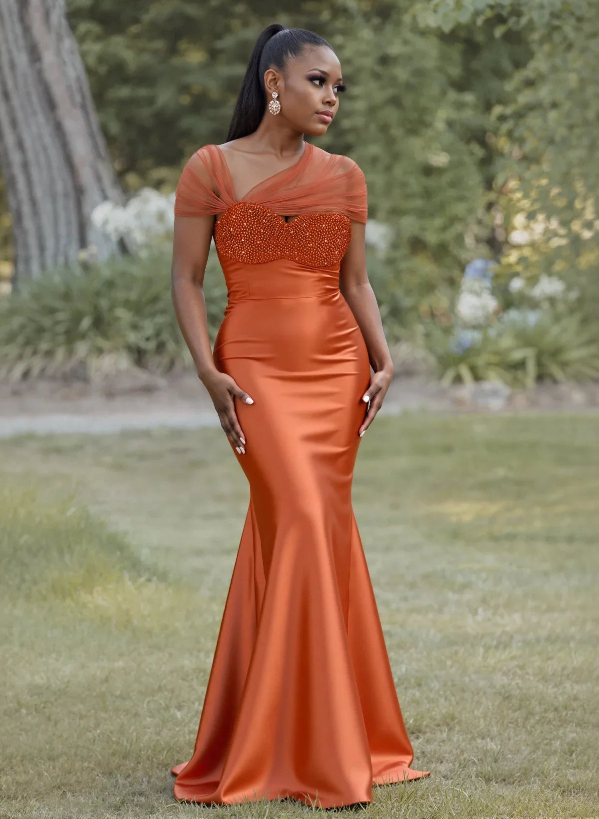 Custom Orange Satin Mermaid Evening Dress Off Shoulder Mesh Beaded Ball Dress Elegant Slimming Wedding Guest Dress