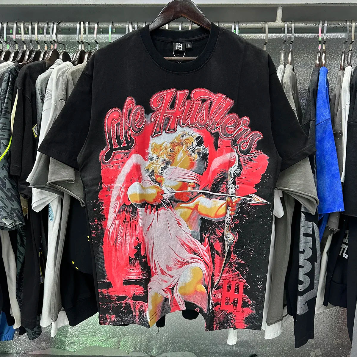Masked Tattoo Angel Gun Diamond Short Sleeve Tshirts for Men and Women Crew Neck Cotton Summer Top Tees Oversized