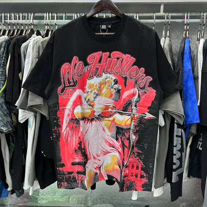 Masked Tattoo Angel Gun Diamond Short Sleeve Tshirts for Men and Women Crew Neck Cotton Summer Top Tees Oversized