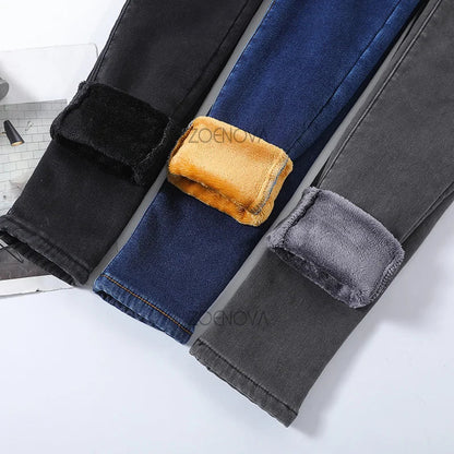 New Women Thick Velvet Jeans Fleece Warm Korean Fashion High Waist Skinny Elastic Pants Jean Casual Legging Winter 2023