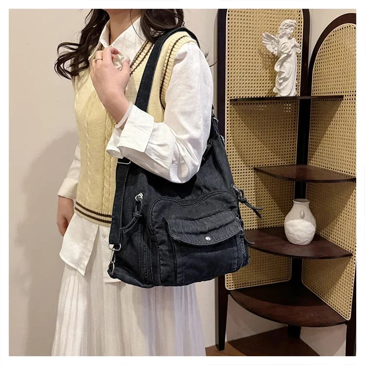 Solid Color Denim Trendy Shoulder Bag for 2025 High Quality Fashion Zipper Large Capacity Versatile Women's Crossbody Bag