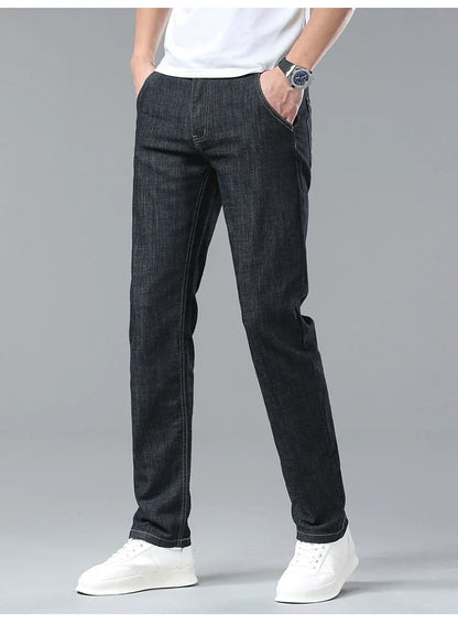 Men's Ice Silk Jeans Summer New Lyocell Thin Business Casual Denim Pants Classic All Match Slim Fit Straight Elastic Jean Male
