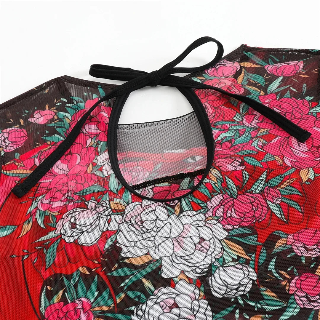 S - XXL Printed Long Sleeve With Sarong One Piece Swimsuit Women Swimwear Female Flowers Padded Bather Bathing Suit Swim V7181