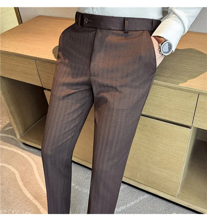 Autumn Winter New Thickened Wool Striped Suit Pants Men's High Qualitys Elastic Waist Slim Fit Business Casual Trousers 38-29