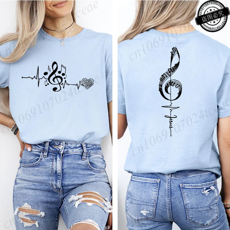 Musical Notes Printed T-Shirt for Women,Heartbeat Music Graphic Tee Shirts Clothes,Aesthetic Women's Tee T-Shirts Musician Gift