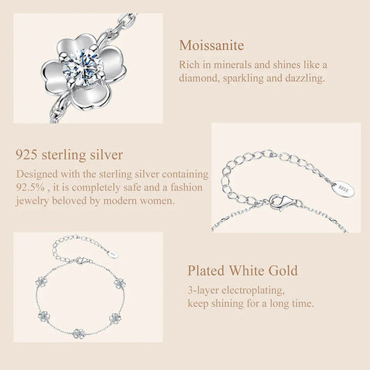 Bracelet Trèfle Moissanite 0,5 carat en argent sterling 925, maillons chaîne fleur réglable pour femme, Bijoux d'Anniversaire, Cadeau Porte-bonheur