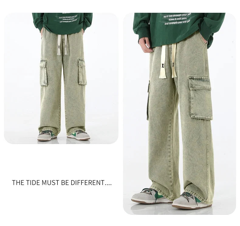 2024 New Men Baggy Cargo Jeans Fashion Streetwear Vintage Wide Leg Pants American Streetwear Y2K Big Pocket Youth Overalls