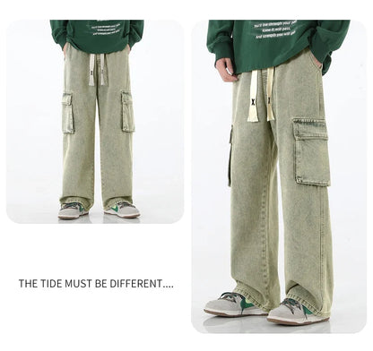 2024 New Men Baggy Cargo Jeans Fashion Streetwear Vintage Wide Leg Pants American Streetwear Y2K Big Pocket Youth Overalls
