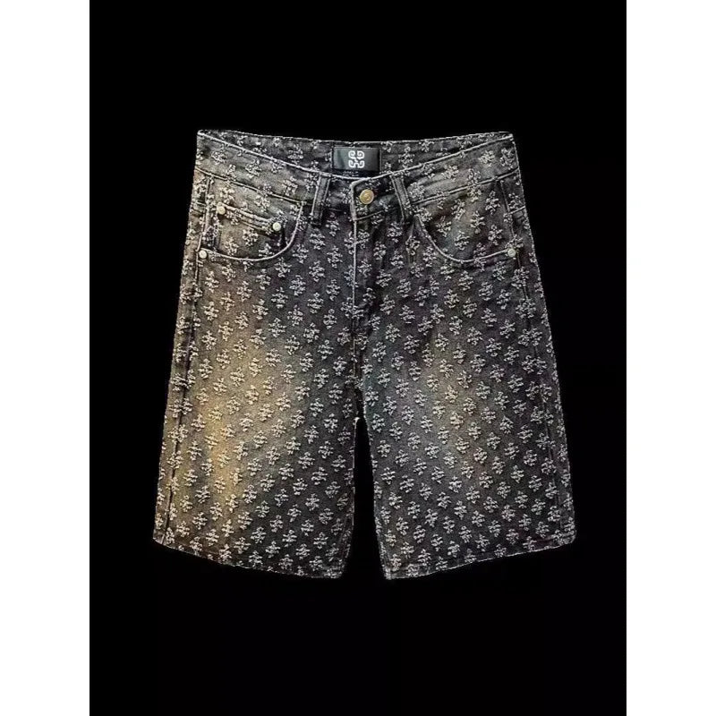 American Y2K Light Luxury Quality Retro Denim Shorts Summer Hip Hop INS Men Loose Shave Jacquard Couple Denim Five Point Pants