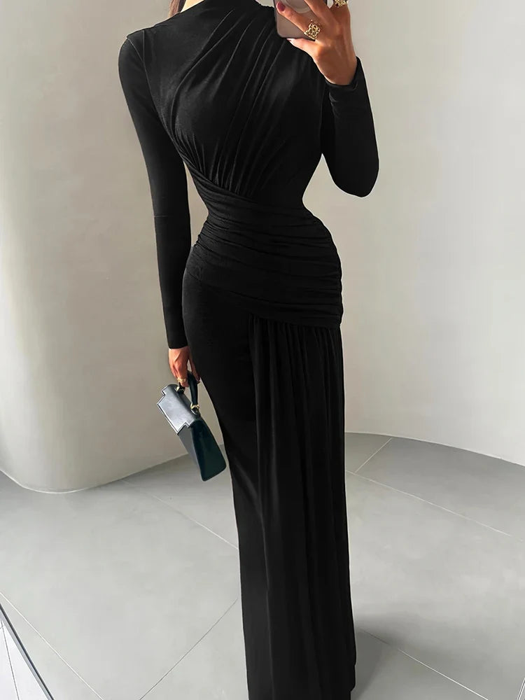 Folds Maxi Dress Women O-Neck Full Sleeve Solid Banquet Elegant Vacation Fashion Autumn Skinny Casual Simple Vestido