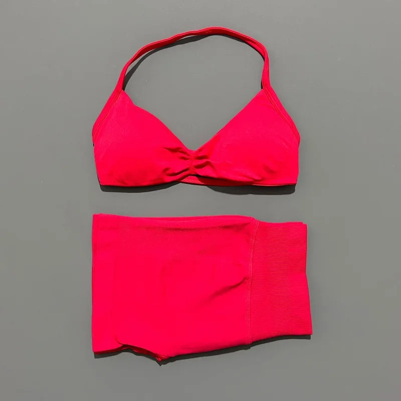 No Logo 2 Piece Impacts Gym Set Women Seamless Yoga Strappy Bra Workout Scrunch Sports Low Waist Shorts Sport Set