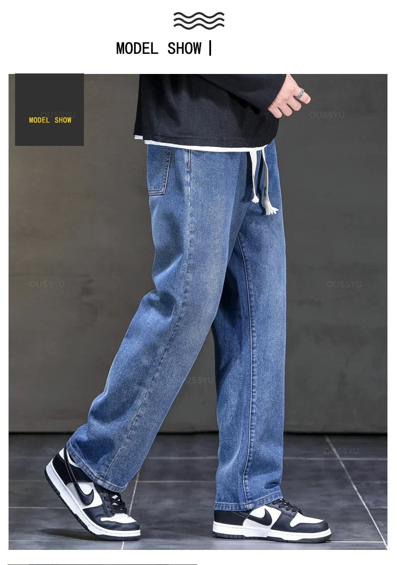 2025 New Autumn Winter Jeans Men Loose Straight Drawstring Elastic Waist Casual Denim Trousers Male Thick Pants Large Size M-5XL