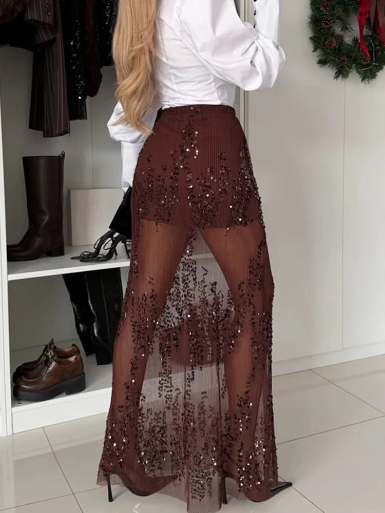 Fashion Sequin Maxi Skirts Women's Sexy Lace Shimmer Patchwork Skirts Elegant Luxury Sheer Party Female Summer Skirts