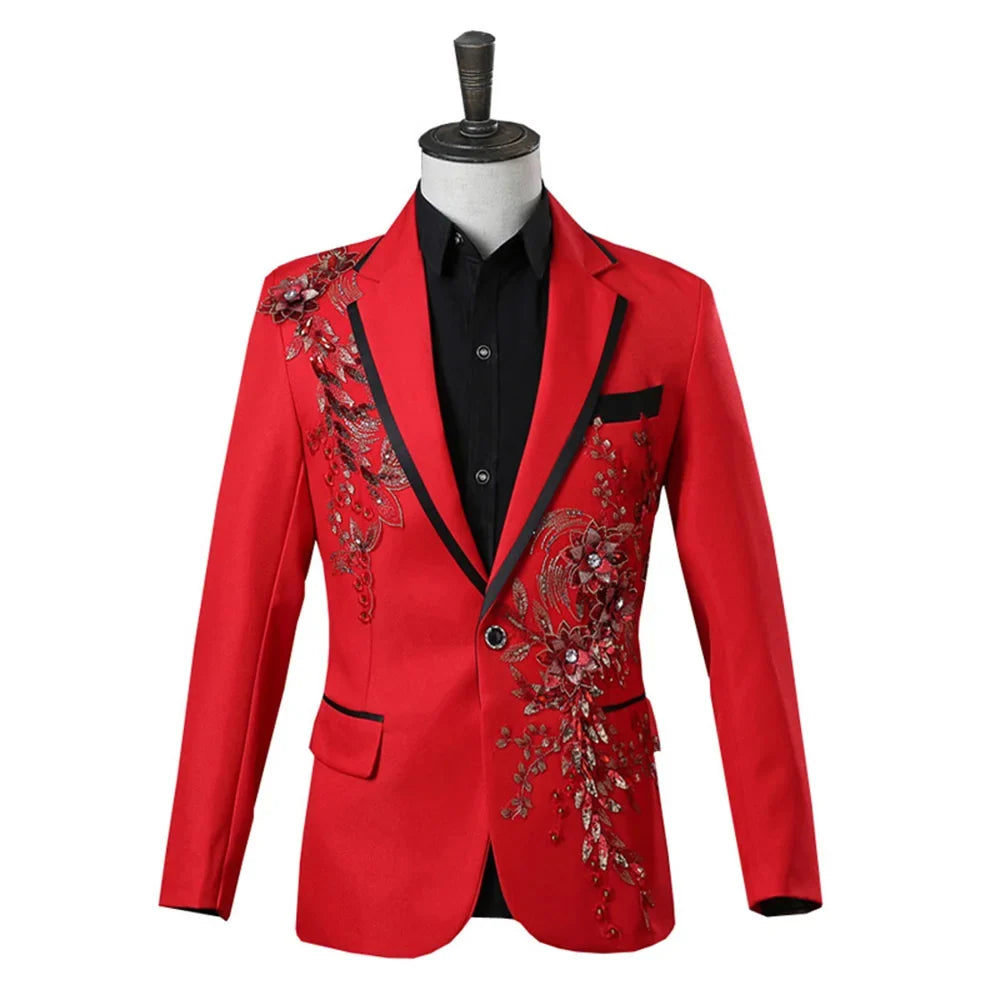 Men White Appliqued Blazer Masculino Chinese Red Costume Homme Pour Mariage Stage Wear