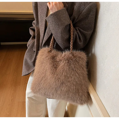 Fashion Women Furry Shoulder Bag Large Capacity Tote Handle Bag for Autumn Winter Outing Commuter Texture Versatile Storage Bags