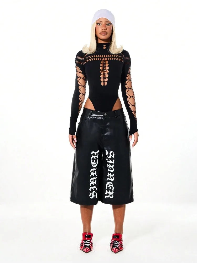 Summer Women's Y2K Sexy Bodysuit High Neck Bodycon Front Cutout & Lace-up Mesh Sleeve Stretchy Edggy Clubwear Streetwear
