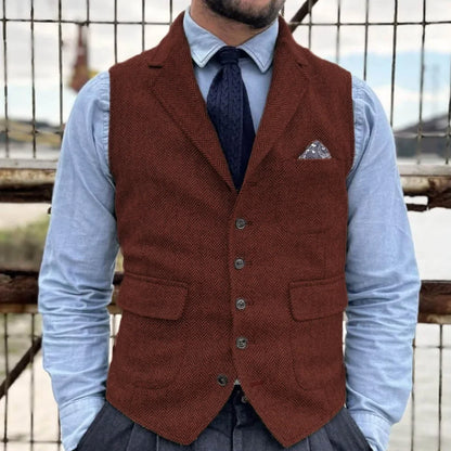 Men Vest Khaki Herringbone Single Button With Lapel Waistcoat For Banquet Party Business Office Work Casual Daily Men Suit Vest