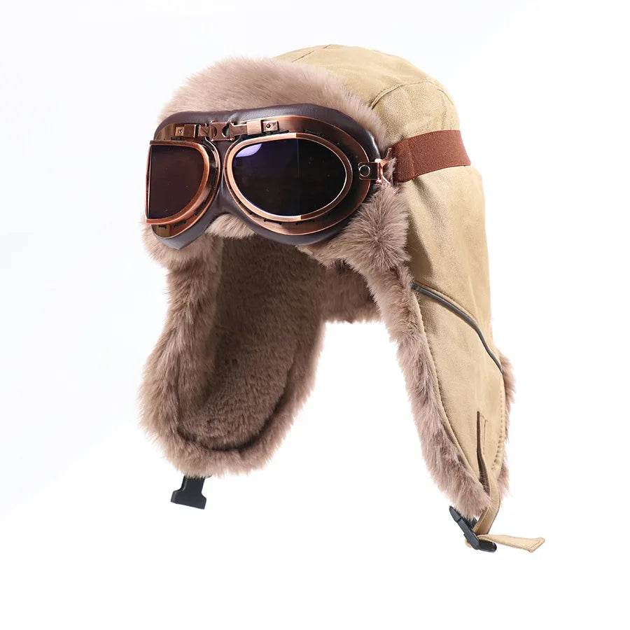 Retro Unisex Aviator Trapper Hat Faux Fur Thick Warm With Goggles Earflap Winter Cap For Cycling Outdoor Cold Protection